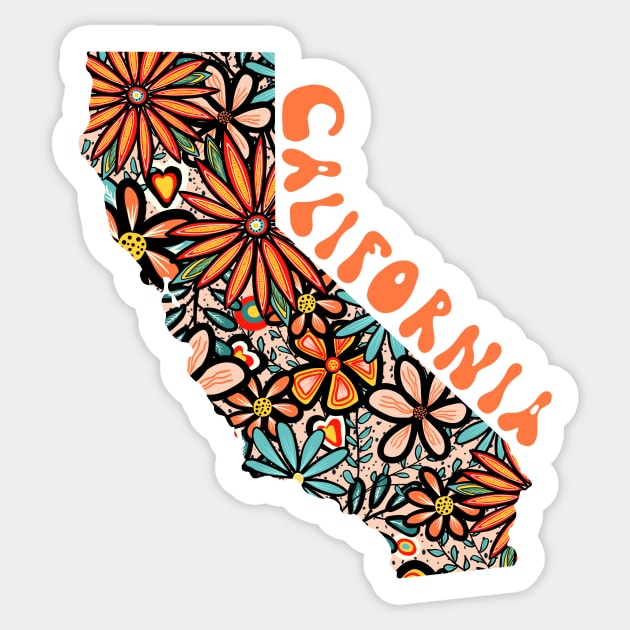 California State Design | Artist Designed Illustration Featuring California State Outline Filled With Retro Flowers with Retro Hand-Lettering Sticker by MarcyBrennanArt